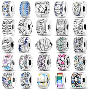 New 2026 Silver Clasp 925 Sterling Silver CZ pave Clip Charms Daisy Beads Stopper Safety Chain fit Original Bangle Bracelet Jewelry Clip Gift for love