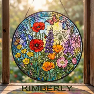 Custom Wildflower Stained Glass Suncatcher, Spring Floral Window Hanging With Butterfly, Personalized Garden Suncatcher Decor