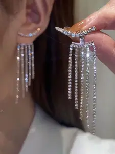 Fashion Trendy Jewelry Luxury Sparkling Rhinestone Fringe Earrings, Elegant Water Drill Dangle Ear Studs for Women
