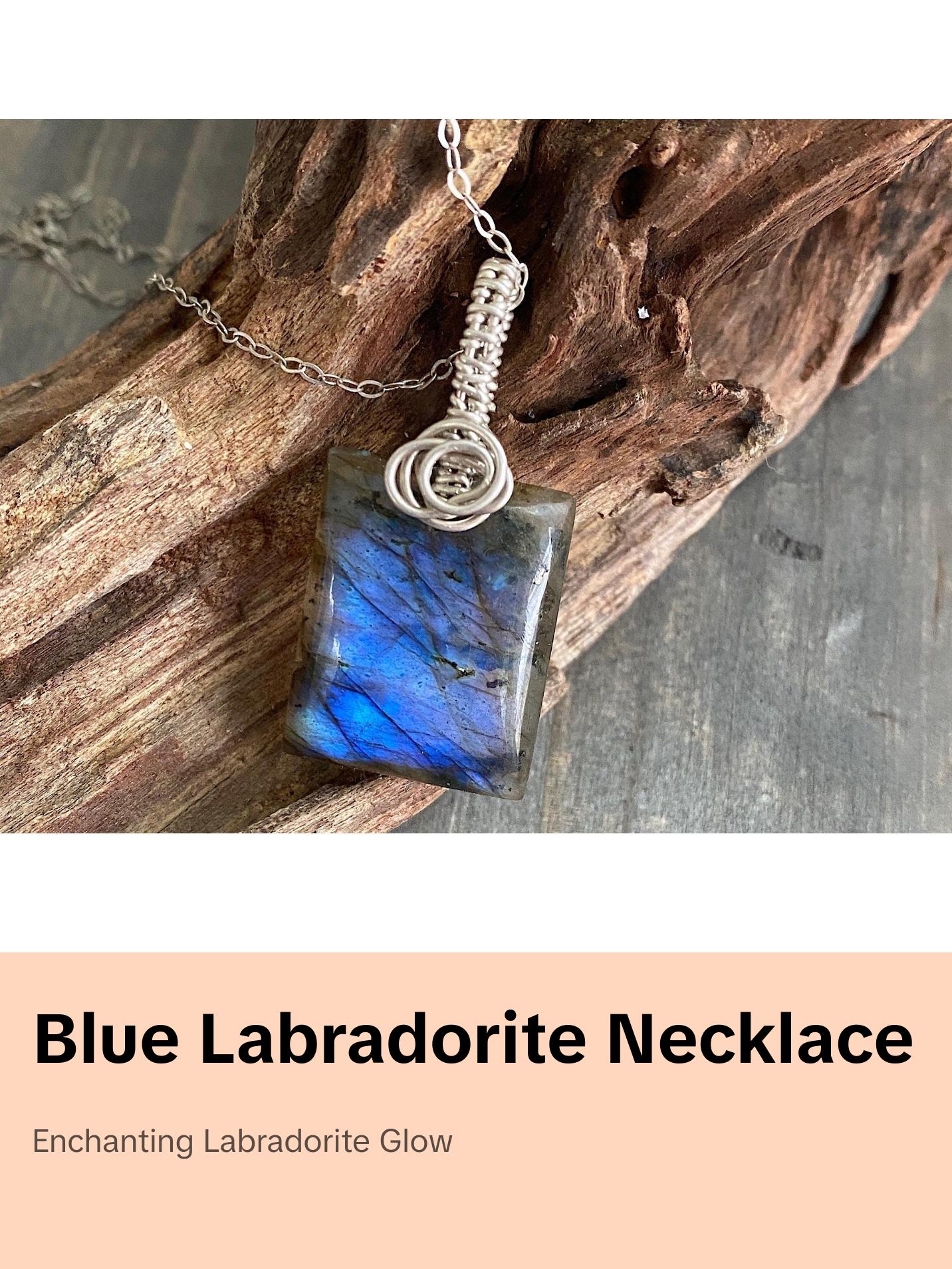 Amazing Blue Flash Rectangle Labradorite and .925 Sterling Silver Necklace, Deep Blue Handpolished Wire Wrapped Pendant, Handmade in the USA
