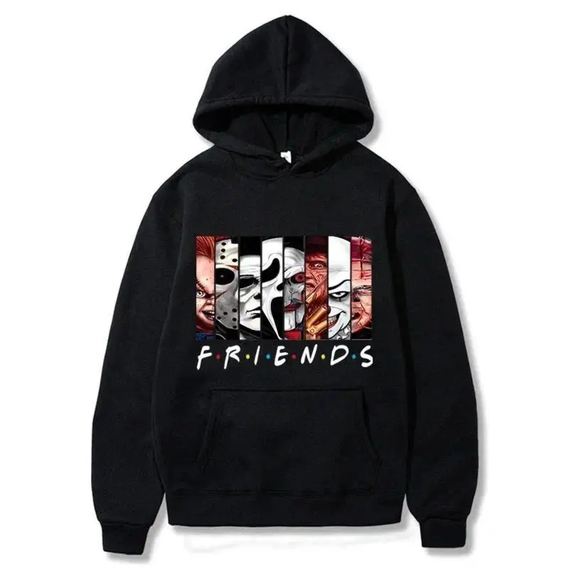 LoomLab Outfitters Menswear Classic Horror Friends Graphic Cotton Loose Longsleeves Sweatshirt - Halloween Movie Parody Hoodie, Spooky Vintage Pullover, Unisex Casual Streetwear, Cozy Fall Winter Wear, Gift for Horror Fans