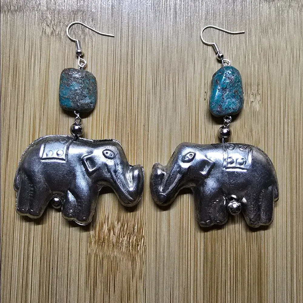 Silver Elephant and Turquoise Nugget Earrings with Unique Design and Colorful Beads