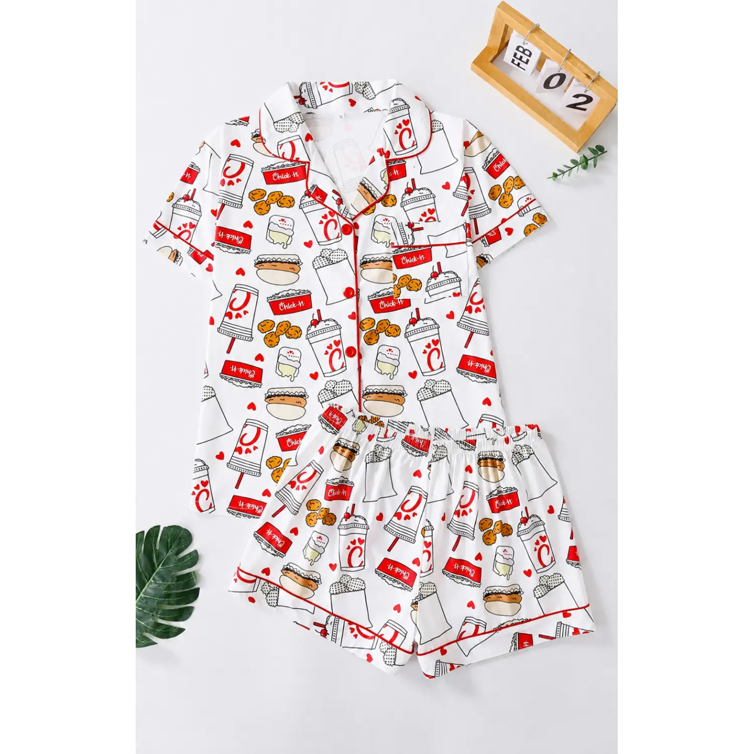 All-Over Print Women's Button Front Shirt & Shorts Pajama Set - Cozy Two-Piece Sleepwear for Home & Lounge, Year-Round Comfort
