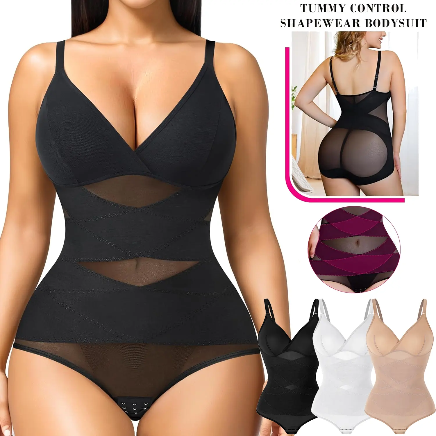 Women Tummy Control Shapewear Bodysuit Faja Waist Trainer V Neck Body Shaper with Adjustable Straps