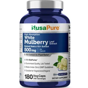 NusaPure White Mulberry Leaf 10:1 Extract Dietary Supplement Capsules - 500 mg, 180 Veggie Caps (180-day supply), Bioperine, Herbal, Plant-Based Blend with Antioxidant, Blood Sugar & Heart Health Support
