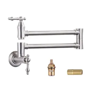 WOWOW Solid Brass Wall-Mount Pot Filler Faucet, Brushed Nickel Finish, Dual-Arm Double-Joint Swing Design, Cold Water Kitchen Stove Faucet Attachment