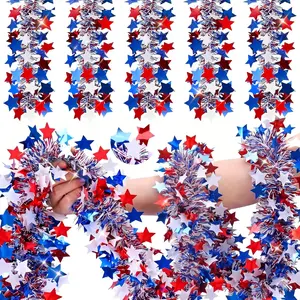 100Ft Patriotic Tinsel Garland 250th Anniversary, Red White and Blue Metallic Glitter Garland, Fuller Fluffy No-Shed, Flexible Adjustable for 4th of July Independence Day Indoor Outdoor Decor