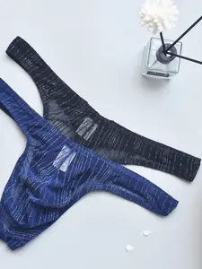 Men's Thong Panties Low Waist Sparkle Shiny Metallic Mesh Underwear, Undergarments, Sexy Slim-Fitting Youth Innerwear, Trendy Striped Design for All Seasons