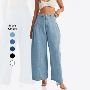 Flowyair Womens Baggy High Waisted Jeans Loose Boyfriend Wide Leg Side Pleated Denim Pants