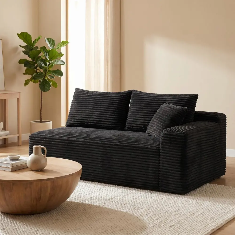 Black Corduroy 2-Seater Armless Ground-Hugging Compressed Loveseat - Plush Foam, Sturdy Durable Modern Indoor Sofa for Small Apartments, Living Rooms