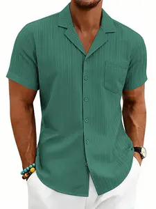 Men's Vertical Striped Button-Up Shirt, Short Sleeve Stylish Casual Top with Chest Pocket, Breathable Summer Beach Vacation Must-Have (multiple Colors)
