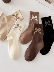 Women's Bowknot Multicolor Knit Mid-Calf Socks, Striped Long Socks, Comfortable Breathable Soft Casual Everyday Street Style, All Seasons, Size 36-42
