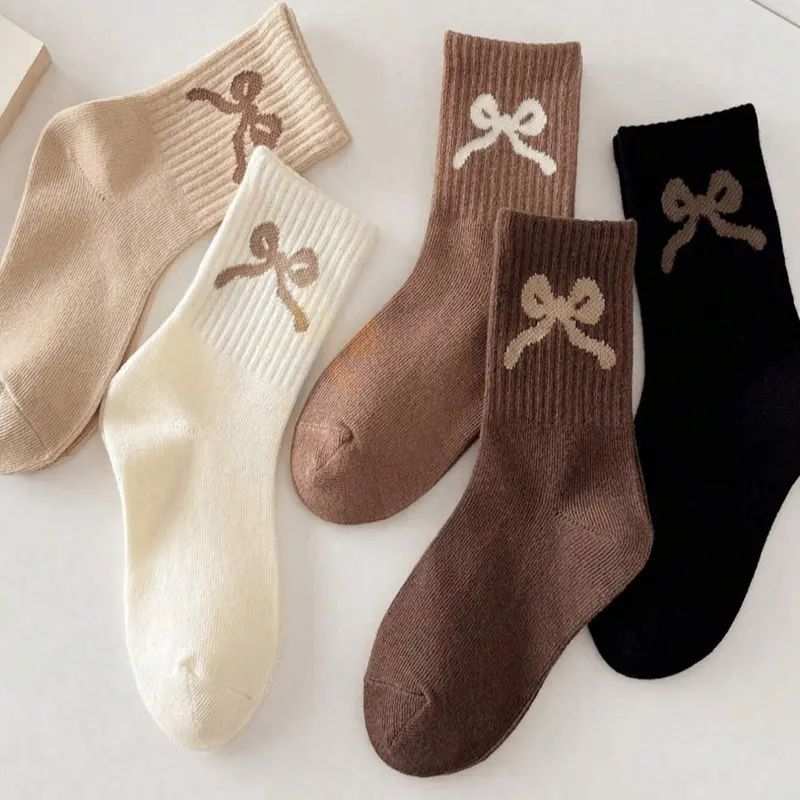 Women's Bowknot Multicolor Knit Mid-Calf Socks, Womenswear, Plain Casual Daily Socks, Striped Long Socks, Comfortable Breathable Soft Casual Everyday Street Style, All Seasons, Size 36-42, Knitwear