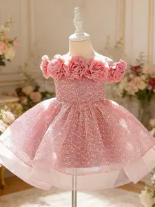 Children's formal dress girls bead screen mesh fluffy wedding dress young host performance flower girl princess dress off shoulder dress