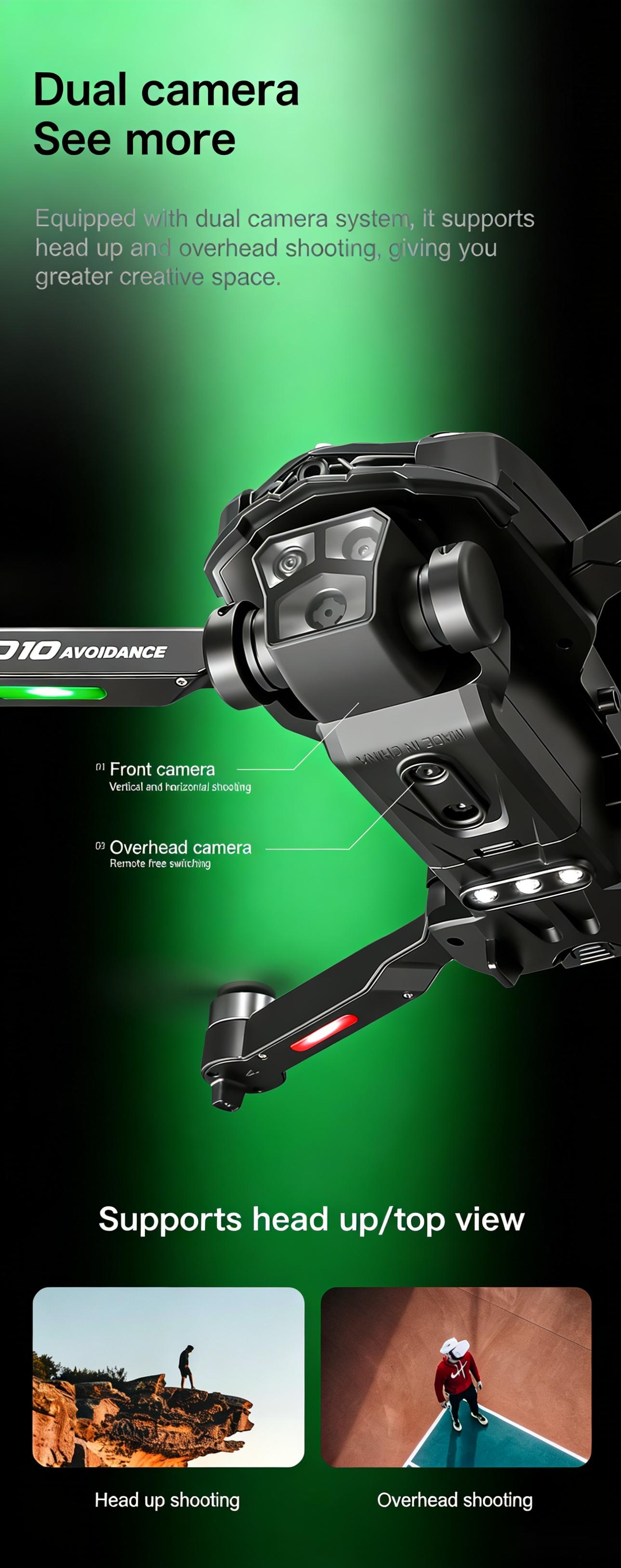 D10 Drone | Brushless Motor 4-Way Obstacle Avoidance Drone with Gradient Flowing Lights, Optical Flow & Servo Gimbal EIS Stabilization, Dual WIFI Camera, Sports Car Shape, Foldable, Gesture Control & One Key Return