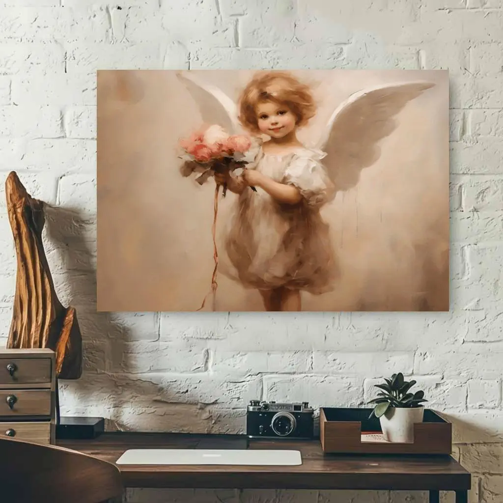 1pc Retro Cupid Cherub Print Canvas Painting - Glossy High-Quality Ink, 0.9in Thick Wooden Frame, Blush Pink Flowers, Durable Canvas, Multi-Size (16x24in, 20x30in), Friend-Focused Valentine's Day Gift, Home Decor for Living Room