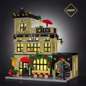 1489PCS Interactive Light-Up Restaurant Building Set - Brick-Compatible, with Balcony, Stairs, Dining Table, V8 Engine DIY Mechanism, STEM Toy, Desktop Decor, Ideal Gift for Teenage Brick Enthusiasts, Interactive Light-Up Buildings