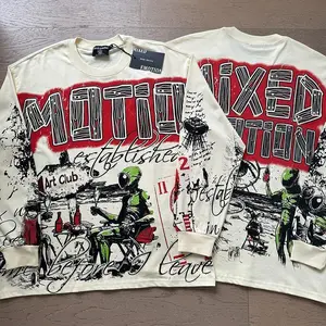 New T-shirt Crewneck Long Sleeve American Retro Loose Graffiti Print Men Women Autumn Fashion Top Tee Sweatshirt