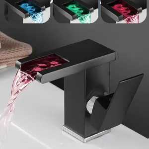 LED Waterfall Bathroom Faucet Black Lavatory Vanity Sink Faucet Single Handle Bathroom Sink Faucet 1 Hole  3-Clolor Light Changing Bath Basin Deck Mount Commercial Modern