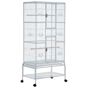 Spacious Metal Bird Cage with Play Top Finches, Canaries – White Rolling Stand, Storage Shelf, Slide-Out Tray – Flight Cage