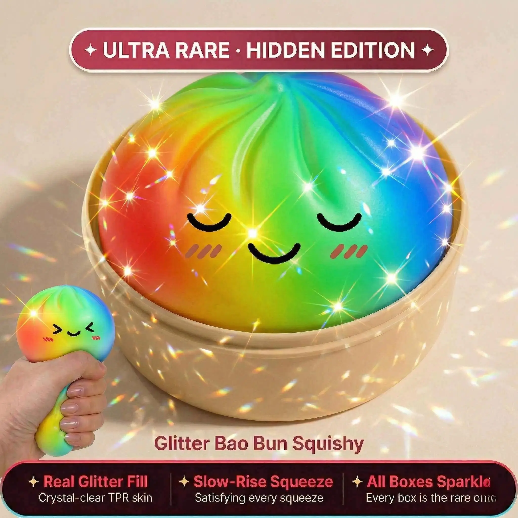 Viral Dumpling Squishy Mystery Blind Box ULTRA RARE Rainbow Glitter Hidden Edition | Dumpling Squishies Slow Rise Stress Relief Fidget Toy Soft TPR Squeeze Ball ASMR Sensory Gift Squishy Butter Feel Cute Blind Box Toy super fidgit stretchable giant