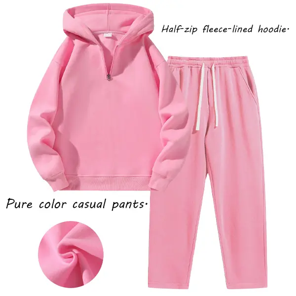 Men's 2-Piece Minimalist Simple Loose-Fit Half-Zip Fleece Hoodie & Solid-Color Drawstring Pants Set, Polyester Thick Soft Fabric for Autumn-Winter Home & Streetwear