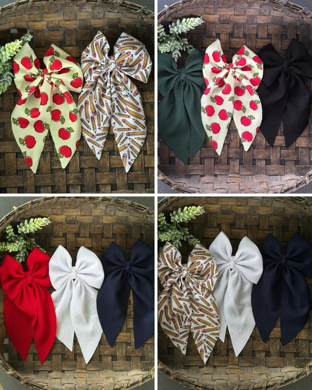 Back to School Long Tail Hair Bow, Large Girls Hair Bow, Big Hair Bow, Apple Bow, Pencil Bow, Fall Hair Bow, School Hair Accessory