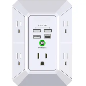 Wall Charger Surge Protector 5 Outlet Extender with 4 USB Charging Ports 4.8A Total 3-Sided 1680J Multi Plug Adapter Spaced for Home Travel Office