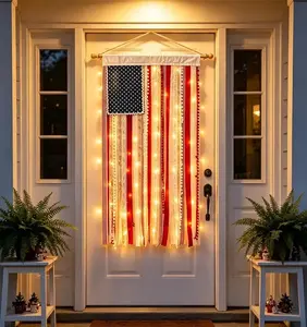 4th of July USA Flag Decoration 4 x 2.3 ft Patriotic Rag Flag Banner With LED Fairy Lights  Red White and Blue Memorial Day 250th Anniversary Decor Independence Day Accessories for Outside Yard Porch Indoor