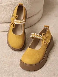 Women's Fashion Mary Jane Thick Sole Shoes, Chic Shoes, Pearl Decoration Bowknot Strap, PU Leather Multi-Color Casual Wear Comfortable Daily Use