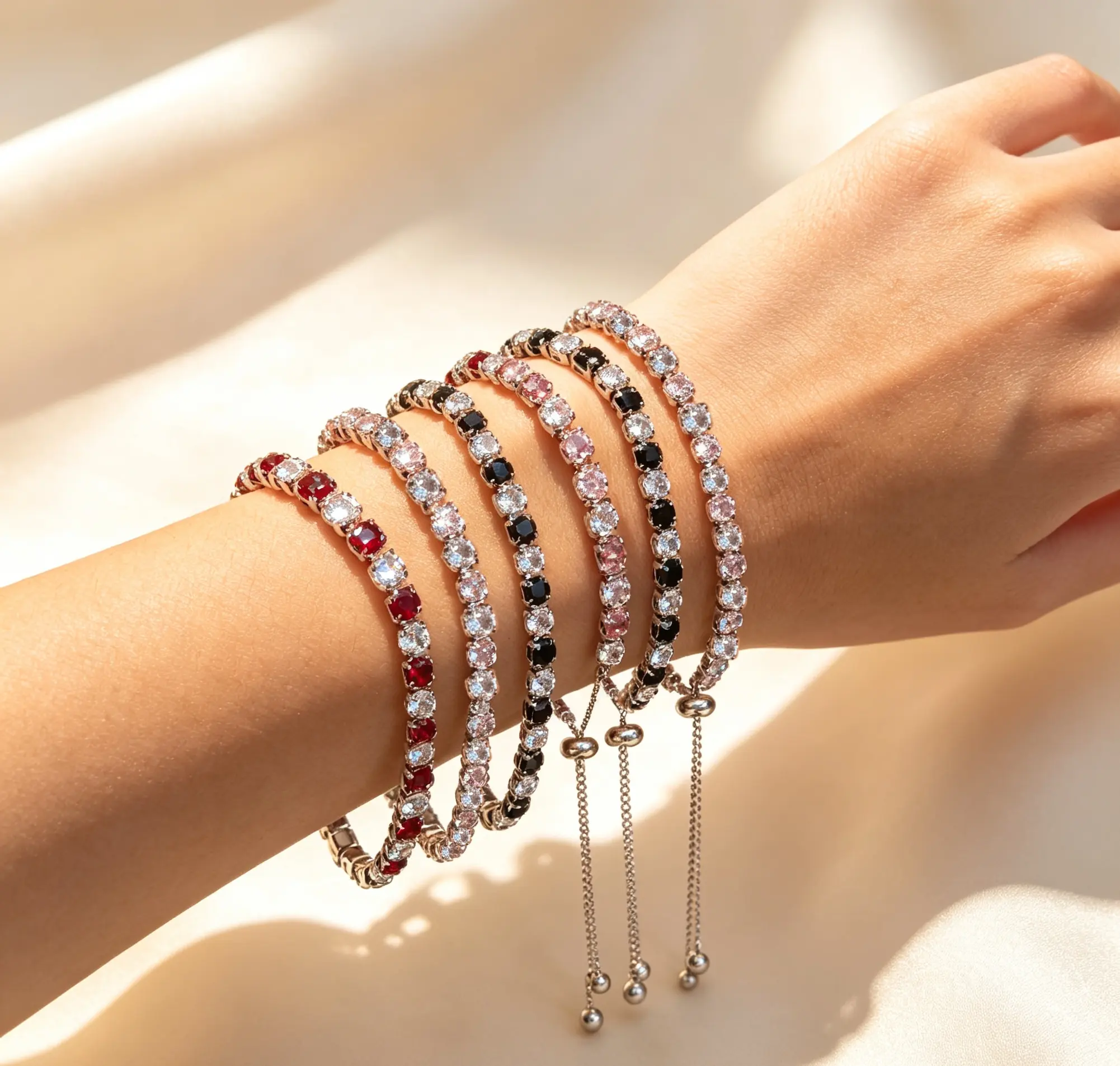 2 Pcs Tennis Bracelets Cubic Zirconia Stone Adjustable Slider Silver Bracelets, Jewelry with Flexible Links, Exquisite Fashionable Bracelet for Christmas Gift, Wedding Gift