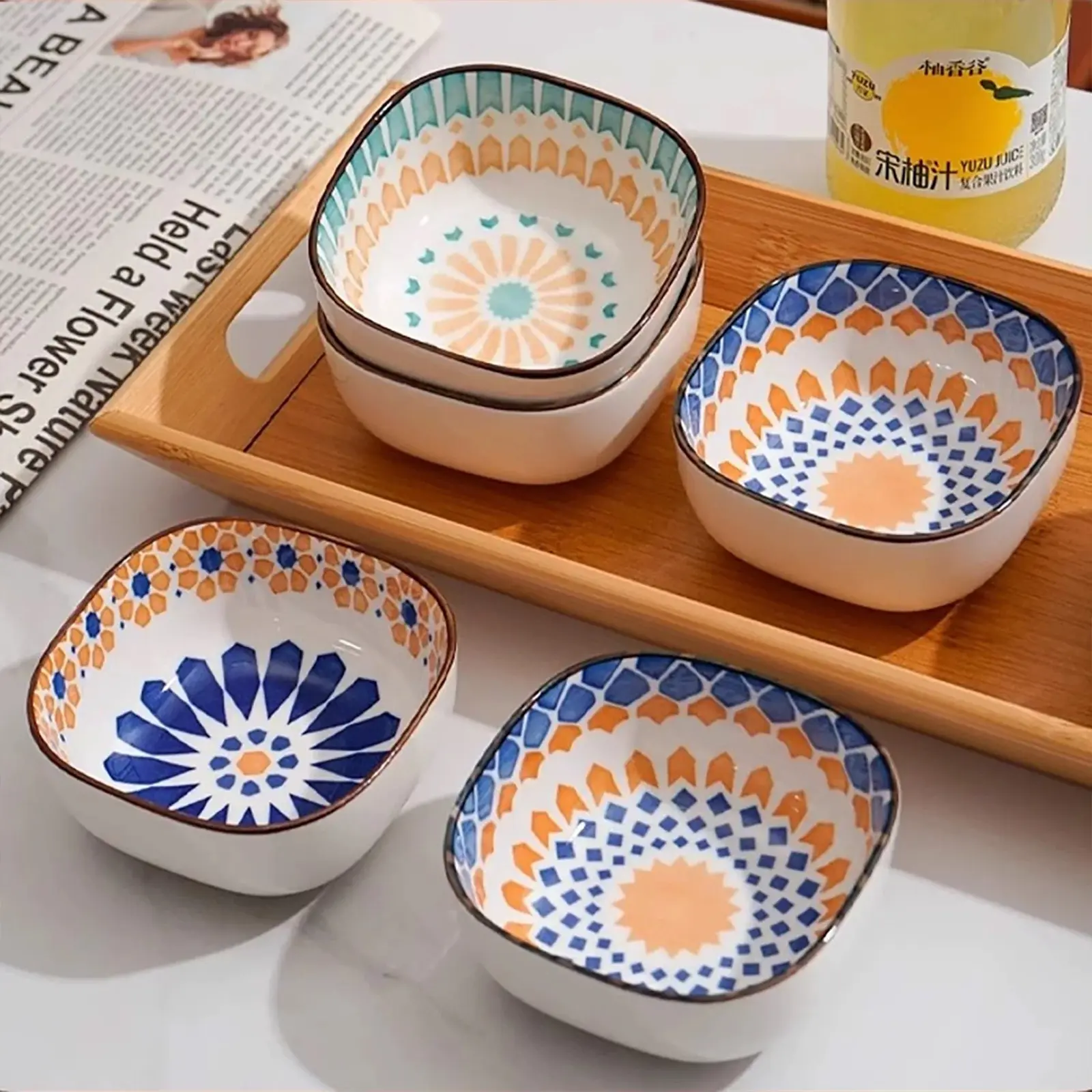 Adult 6-Piece Bohemian Ceramic Food Bowls - Mini, Printed, Dishwasher-Safe, Microwave-Safe, Stackable Porcelain Tableware for Dipping Sauce, Soups, Ceramic Food Bowl