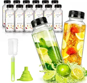 12pcs 12oz Reusable Plastic Juice Bottles with Black Tamper-Proof Lids, Brush, Funnel & Labels - Clear Drink Storage Containers for Juicing, Smoothies, Homemade Beverages (Ideal for Friend Gatherings)