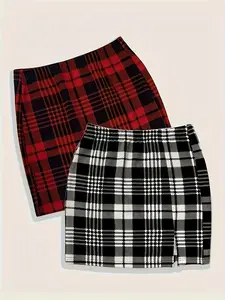 【Plus Size】 Plaid Print Skirt, Casual Fashionable Short Skirt Bottoms for Daily Outdoor Wear, Women Plus Clothing for Spring Fall