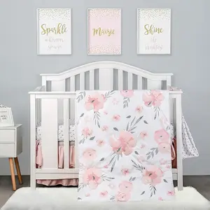 4-Piece Crib Bedding Set for Boy Girls, Includes Crib Skirt, Blanket, Crib Sheet & Diaper Bag, Baby Girl Crib Bedding Set, Floral