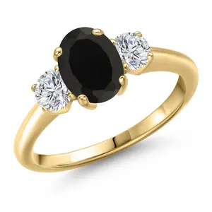 Gem Stone King 10K Yellow Gold Black Onyx and Lab Grown Diamond 3-Stone Engagement Ring For Women | 2.14 Cttw | Three Stone Wedding Engagement Anniversary Promise Ring For Women