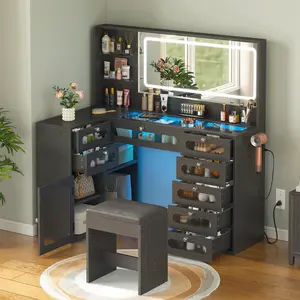 Vanity Desk Set Makeup Vanity with Lighted Mirror Large Dressing Table with Glass Drawers Open Storage Shelves Modern Vanity Table for Bedroom Vanity Set with Storage Vanity Furniture Vanity Desk Organizer