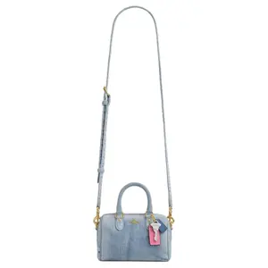 COACH Rowan 17 Mini Boston Bag with Logo Keychain, Adjustable Strap, and Zipper Closure in Denim Blue for Women