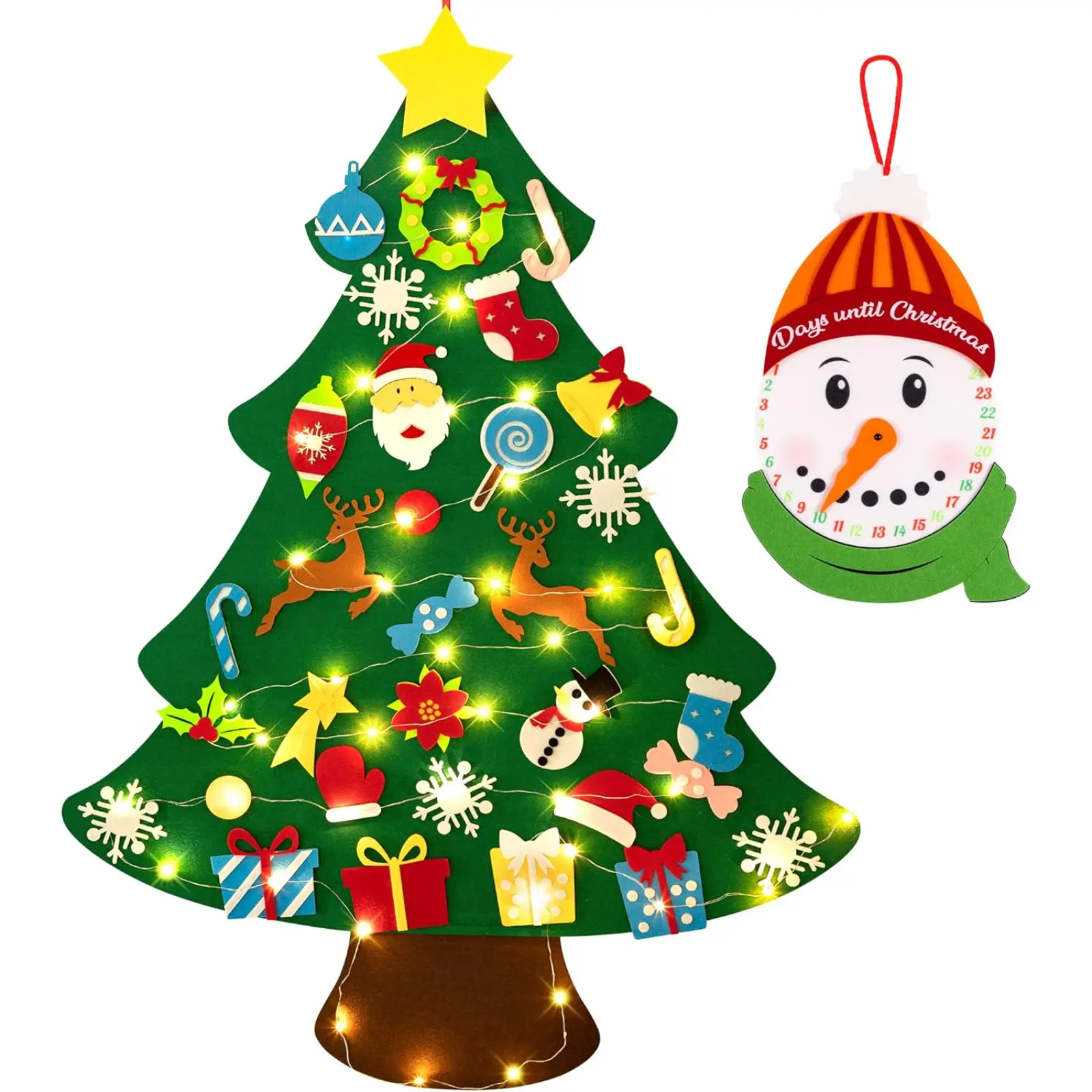 Festive DIY 3ft Felt Christmas Tree Set with Snowman Advent Calendar 33 Ornaments for Kids Xmas Decorations Wall Hanging Party Supplies Perfect for Kids' Decor