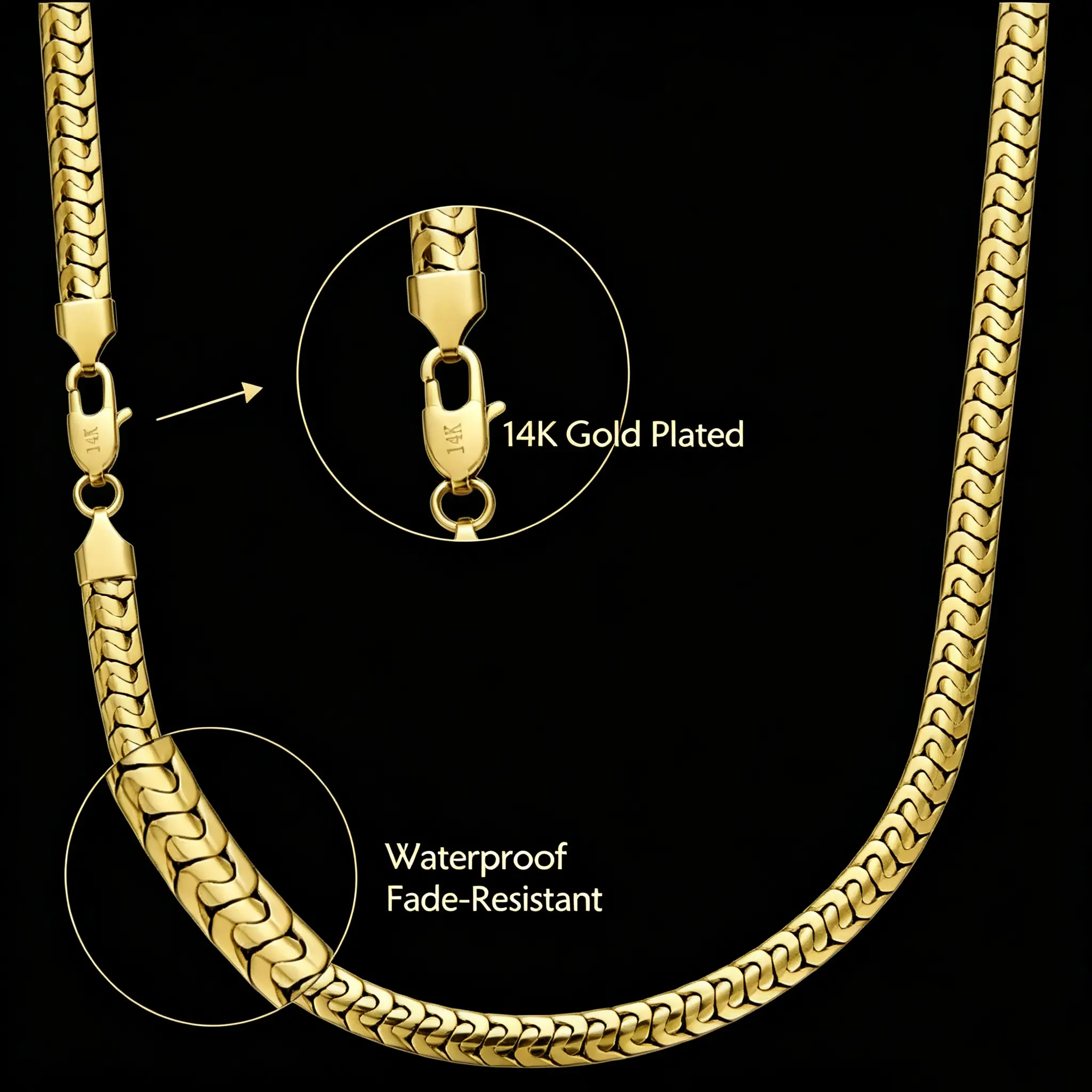 14K Real Gold Plated Snake Chain Necklace new anti-rust technology Hypoallergenic Width 6mm Flat Chain Design Smooth Finis Classic Minimal Style Gift Ready