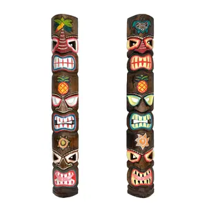 Set of 2 Triple-Face Tiki Sculptures - Wood, 39.5in Tropical