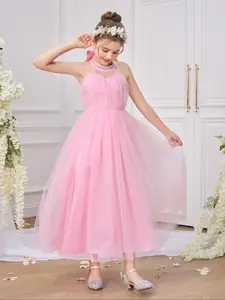 Pink Big Bow Kids Clothes Long Ball Gown Children Performance Princess Formal Evening Party Pageant Prom Host Cocktail Dresses Flower Girls for all Season 8 to 12 Years (only dress)