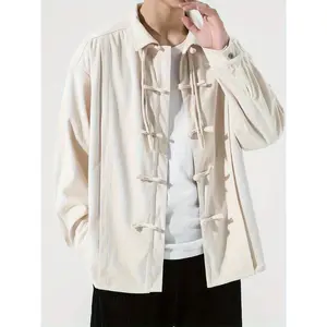 Men's Youth Autumn Fashion Casual Solid Color Multi-Button Chinese Style Turn-Down Collar Long Sleeve Jacket Clothes Menswear Traditional Gamis
