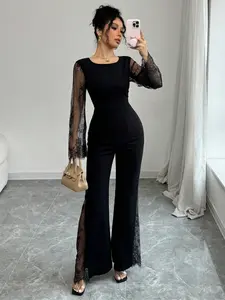 Women's Long Sleeve Summer Jumpsuit, Contrast Lace Design, Fitted Plain Pattern, Sexy Style, Ideal for Parties, Commute, Dates