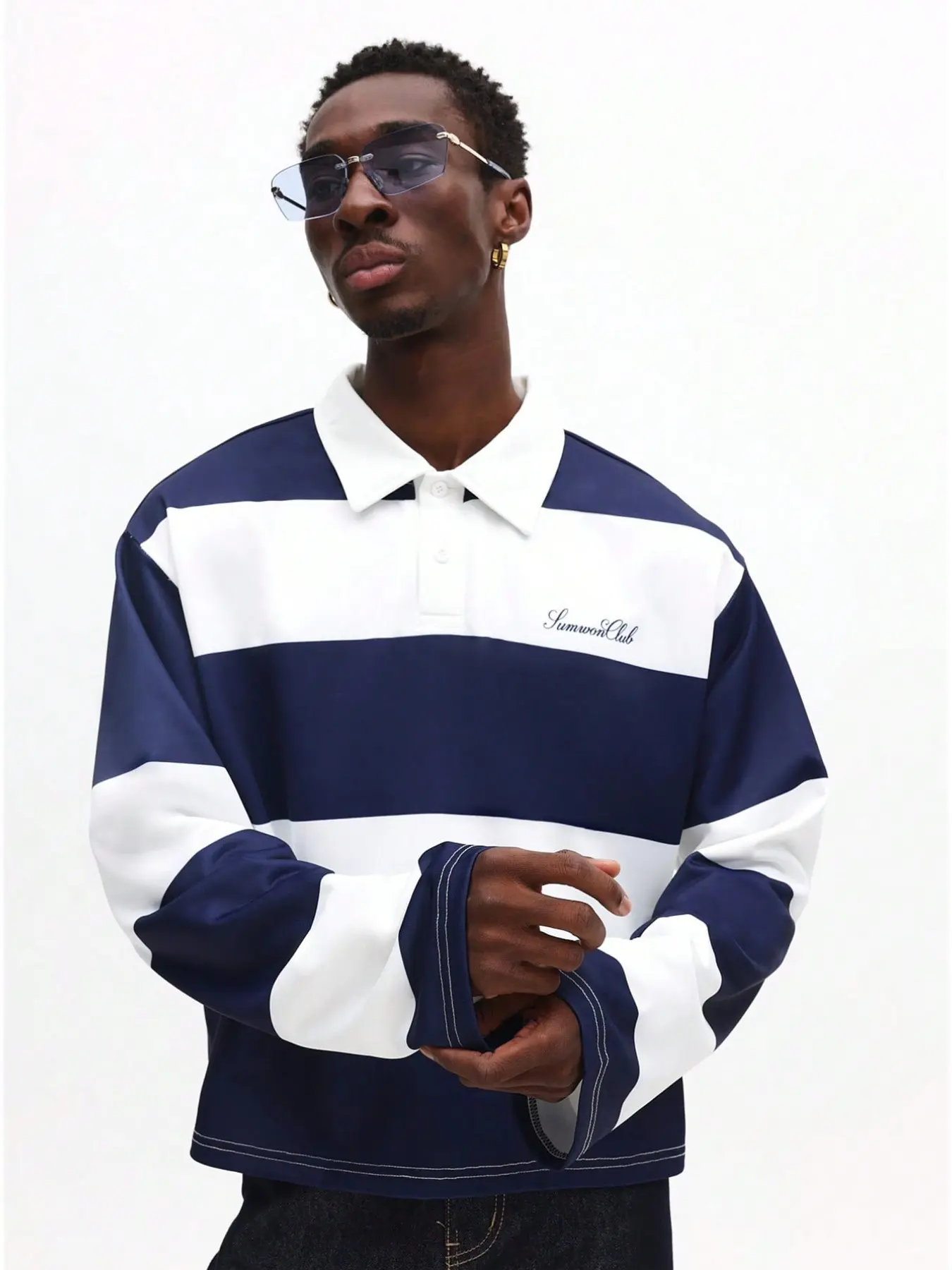 Men's Navy Striped Polo Shirt, Long Sleeve, Half-Zip College Street Style, Soft Durable Fabric, Perfect for Lunch Dates, Campus, Casual Office Wear