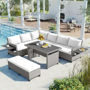 TOMAX 5-Piece Outdoor Patio Rattan Sofa Set, Sectional PE Wicker L-Shaped Garden Furniture Set with 2 Extendable Side Tables, Dining Table and Washable Covers for Backyard, Poolside, Indoor