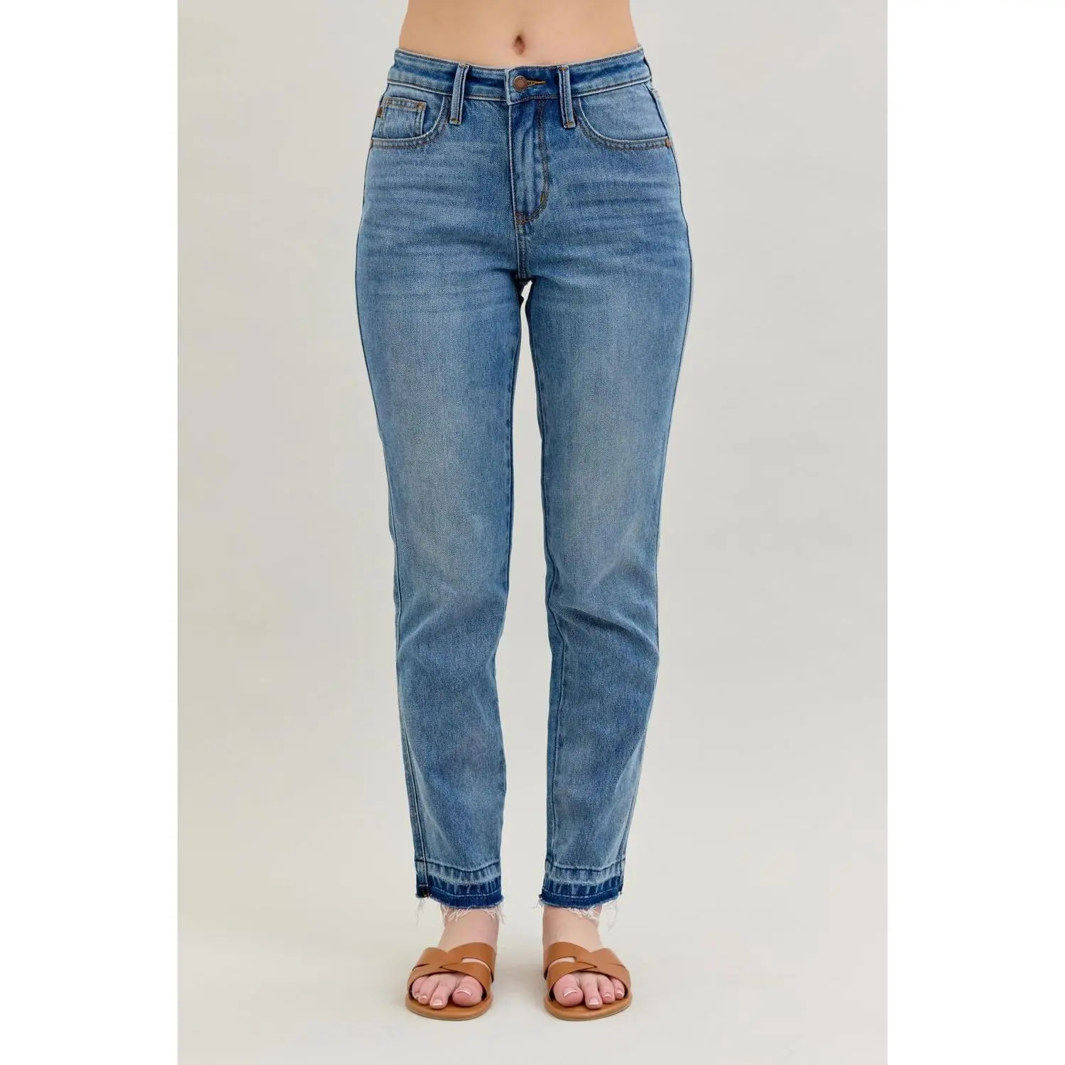 Judy Blue Lady's Rigid Magic Boyfriend Jeans - Mid Rise Relaxed Fit Stretchy Polyester-Spandex Cotton Denim, Hip-Flattering Design with Release Hem for Everyday Wear, Bottoms, Basic, Casual, Style, Multi-Size, Cotton Blend, Boyfriend Cut, Size 14, Vintage