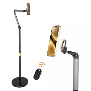 Remote-Controlled Overhead Phone Stand: A Flexible & Sturdy Aluminum Floor Mount with Magnetic Grip for Multi-Angle Filming on iPhone, Android, iPad, and tablets.