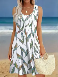 Women's casual vacation style sleeveless dress, elegant summer printed vest skirt