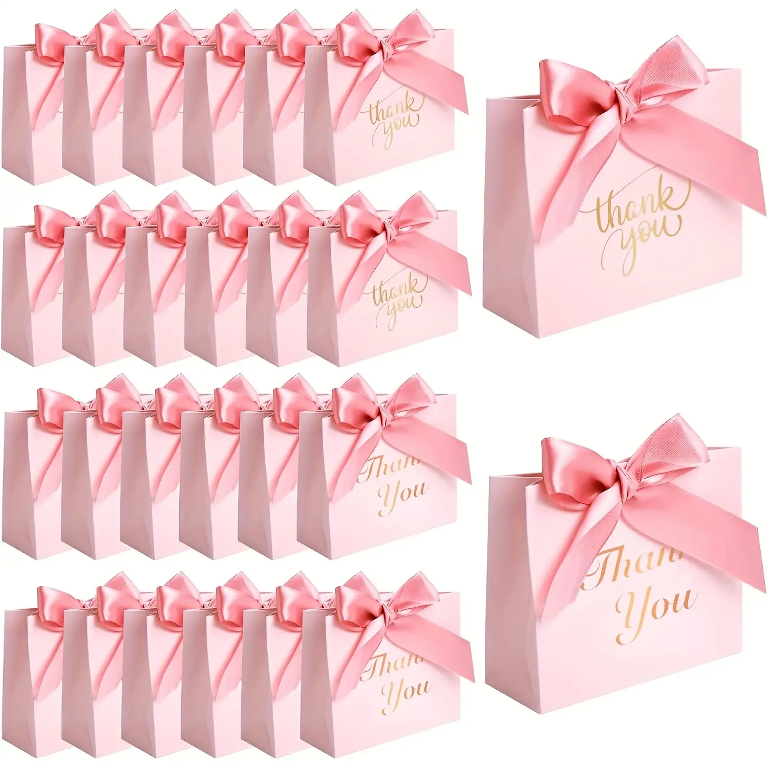 24pcs pink Thank You gift bags with pink ribbon bows -4.5x1.8x3.9 inches mini candy bag, suitable for weddings, birthdays, bridal parties, etc Cute Packaging Creative Gift Packaging